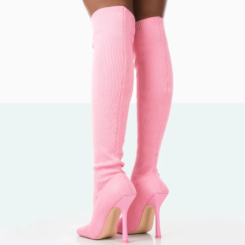 Stivali alti al ginocchio elastici lavorati a maglia rosa punta quadrata tacco a spillo Slip On stivali scarpe invernali da donna abito da festa