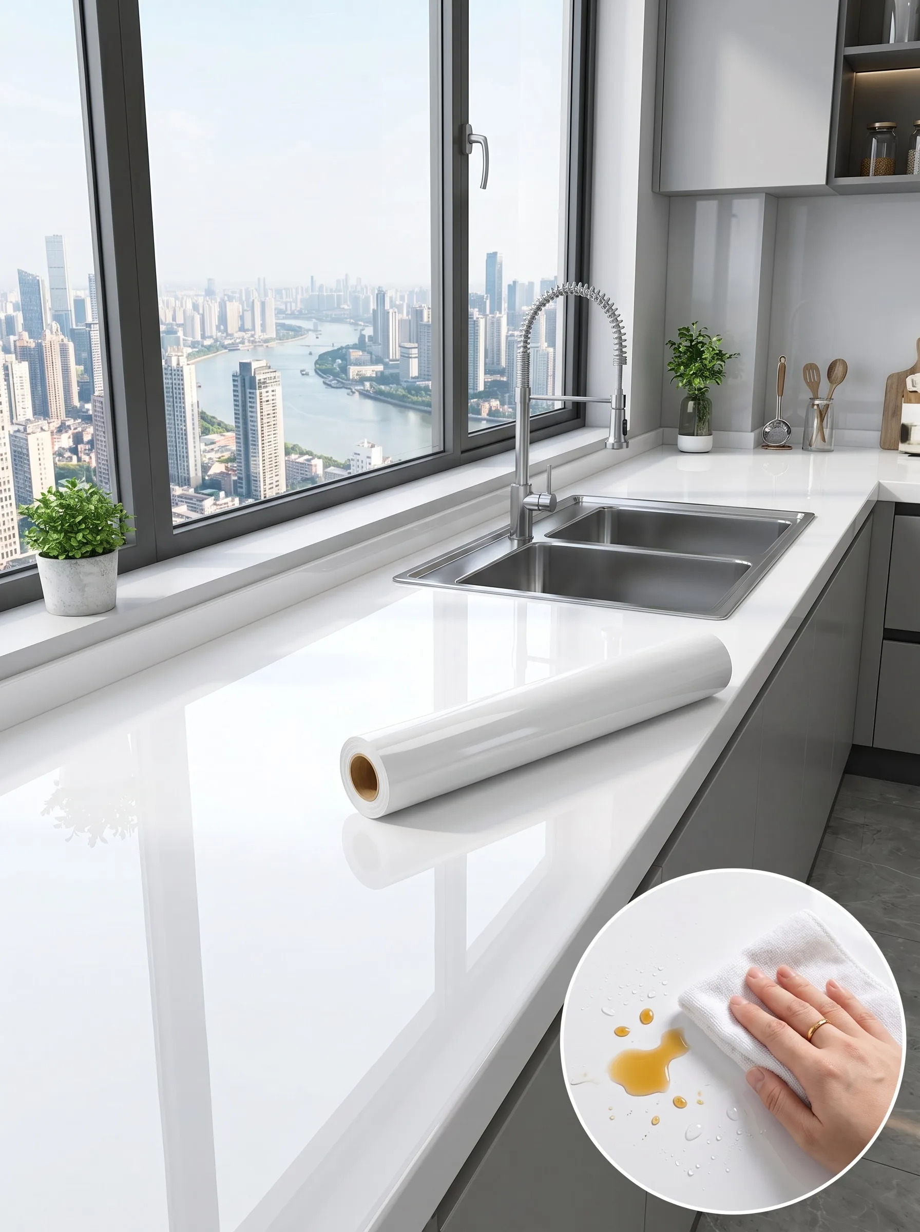 Glossy White Peel Stick Oilproof Waterproof Self Adhesive Contact Paper Kitchen Counter Cabinet Table Stove Anti-stain DIY Furn