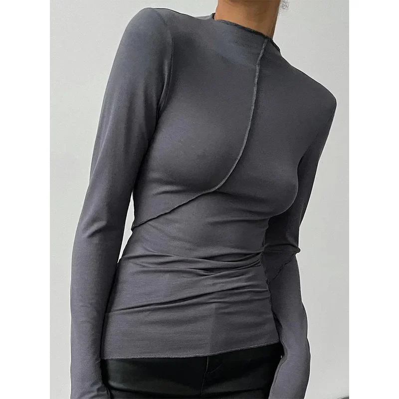 تي شيرت Y2K بأكمام طويلة ورقبة عالية لعام 2025 للنساء، قميص أبيض للخريف والشتاء كاجوال أسود أساسي رمادي مثير، موضة 90s ريترو