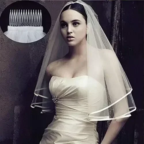 Wedding Bridal Veil with Comb Ribbon Edge Tulle Veil for Brides 2 Tier Fingertip Length 11.8/15.7 Inches