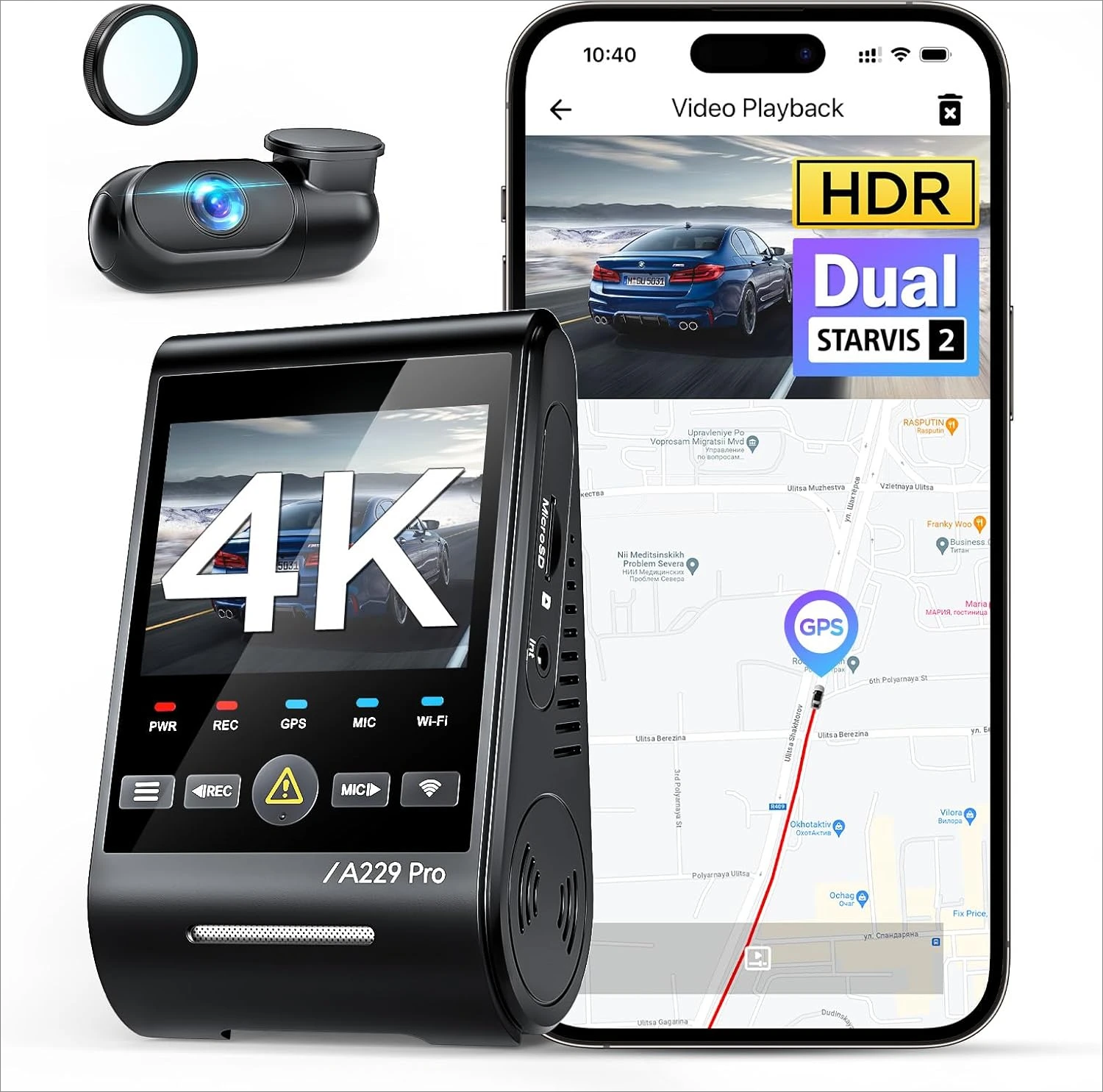 A229 Pro 4K HDR Dash Cam, Dual STARVIS 2 IMX678 IMX675, 4K+2K Front and Rear Car Camera, 2 Channel with HDR, Voice Control