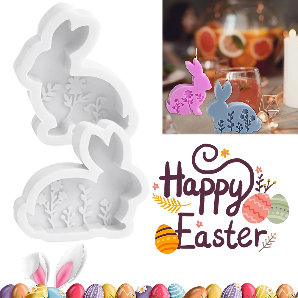 2Pcs Silicone Embossed Flower Bunny  DIY Rabbit Cement  Non Stick Animal Casting Mould  for Birthday Gift