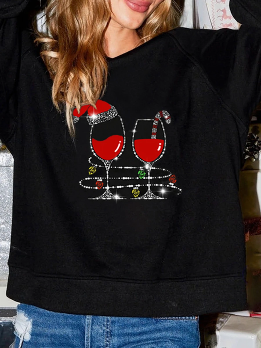 Women Cute Loose Sweatshirts Rhinestone Wine Glass Print Long Sleeve Pullovers Casual Fall Workout Tops Streetwear