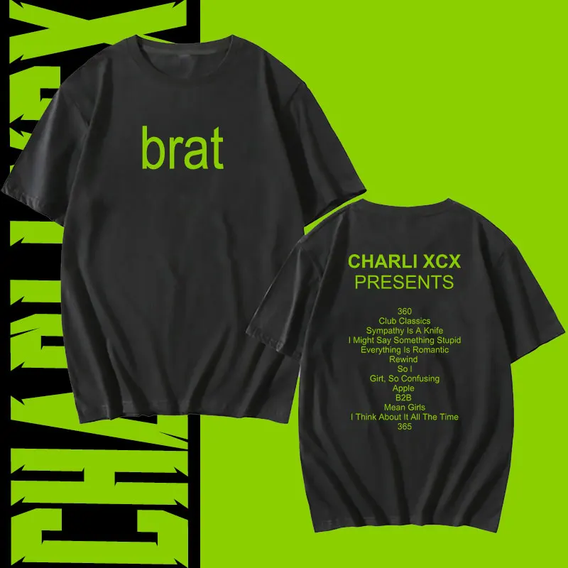 Charli Xcx Brat 2024 Tour Album Letter Graphic T Shirts Men Hip Hop High Quality Cotton Vintage Fashion T-shirt Woman Streetwear