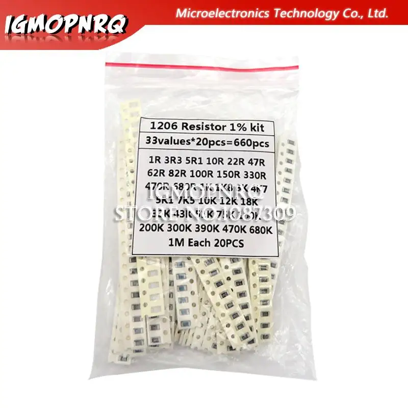 

33valuesX 20PCS=660PCS 1206 SMD Resistor Kit Assorted Kit igmopnrq 1ohm-1M ohm 1% Sample Kit
