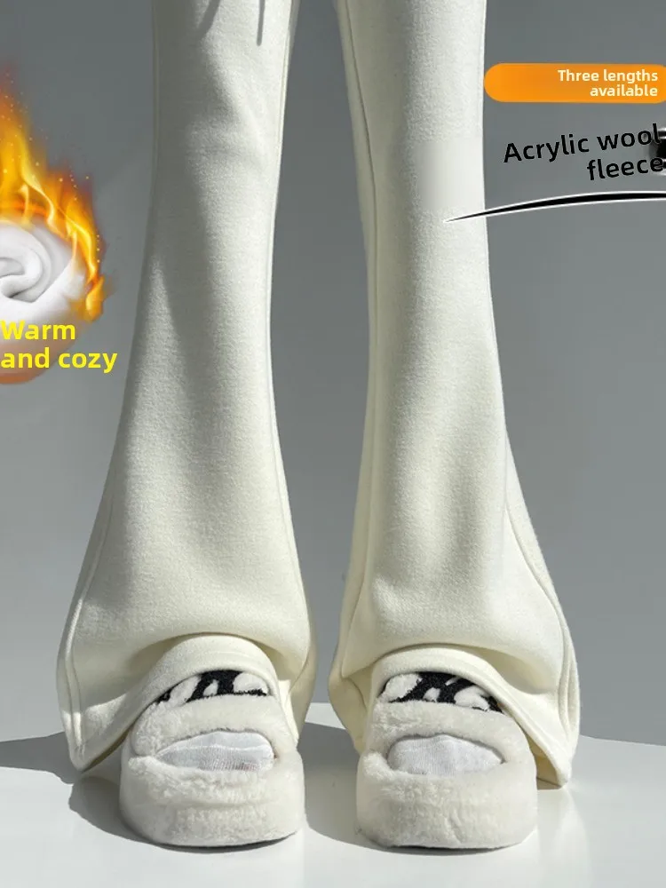 Thickened Fleece Cashmere Wide Leg Pants Women's Autumn Winter High Waist Straight Cut Casual Knitted Trousers Commute Style