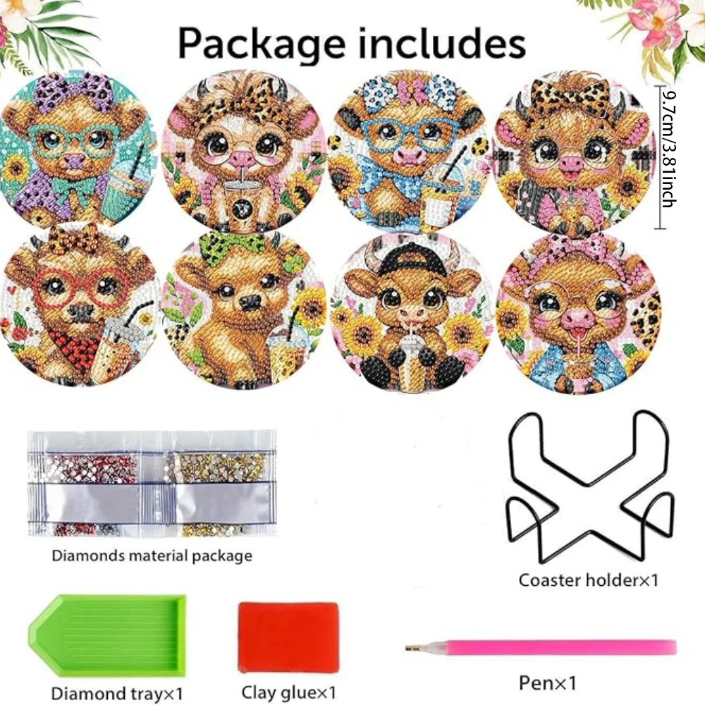8 Pieces/Set of Diamond Art Painting Coasters with Brackets, DIY Big Eye Bull Pattern Diamond Art Coasters, Suitable for Both AD