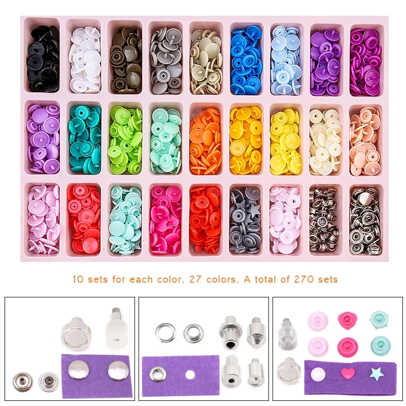 مجموعة المفاجئة البلاستيكية 270 مجموعة من أزرار المفاجئة البلاستيكية T5 مع مجموعة أدوات كماشة سهلة الاستخدام متعددة الأغراض، خياط عائلي DIY