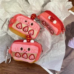 Strawberry Cake Lovely Earphone Case Pouch Plush Cartoon Cute Coin Purse Zipper Storage Bag Embroidery Pouch Keychain Pendant