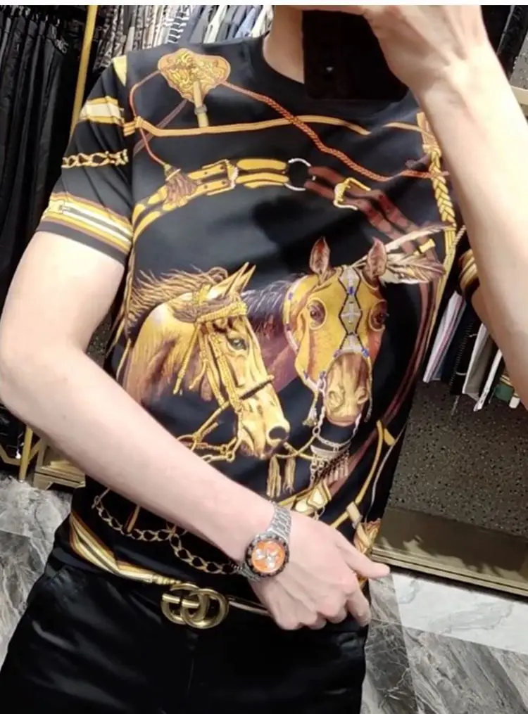 Men Luxury Golden Horse Print Short Sleeve T Shirt Vintage Chain Satin Slim Fit Casual Tee Tops