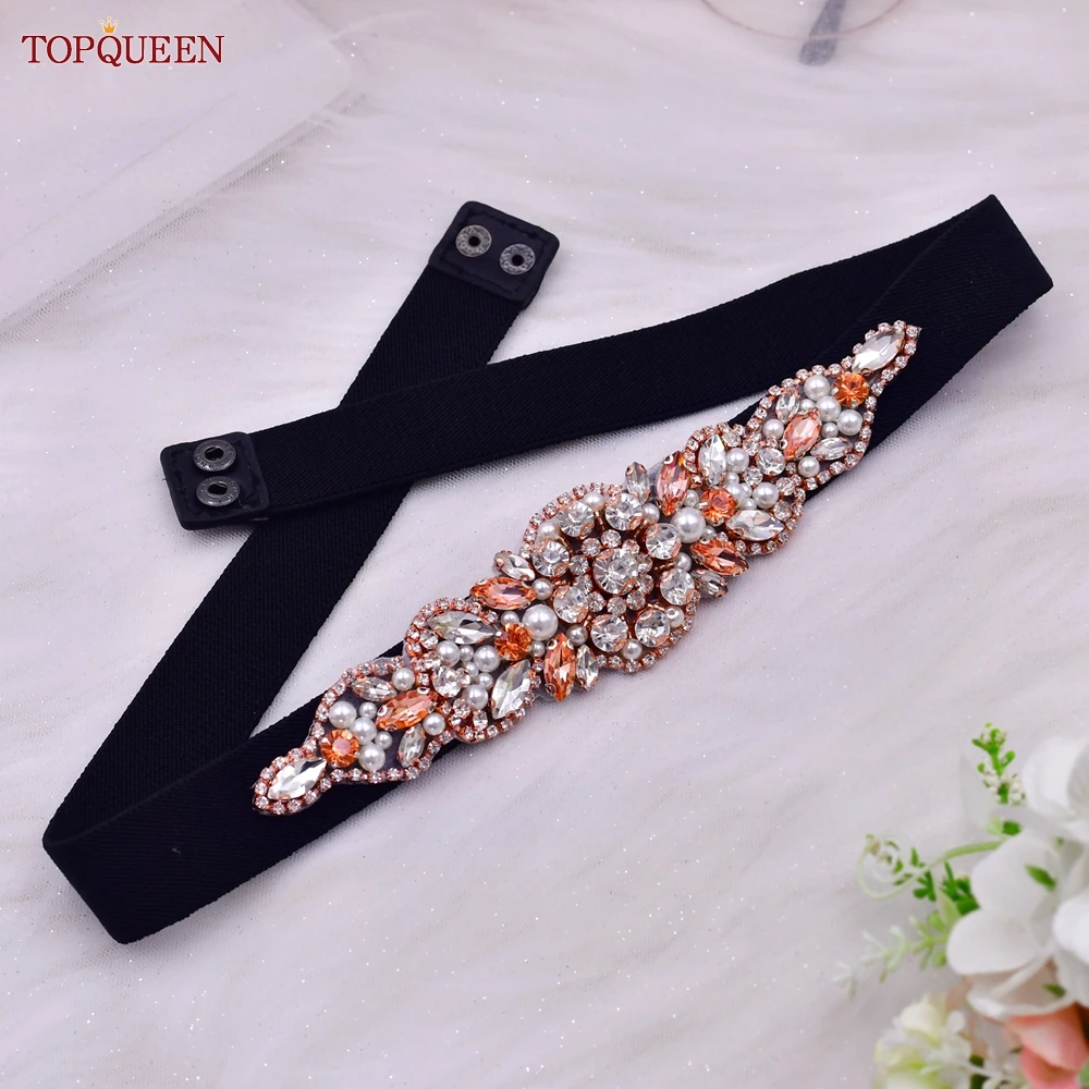 TOPQUEEN S426-B Women Dress Elastic Belt Female Overcoat Accessories Luxury Diamond Rose Gold Rhinestones Elegant Fashion