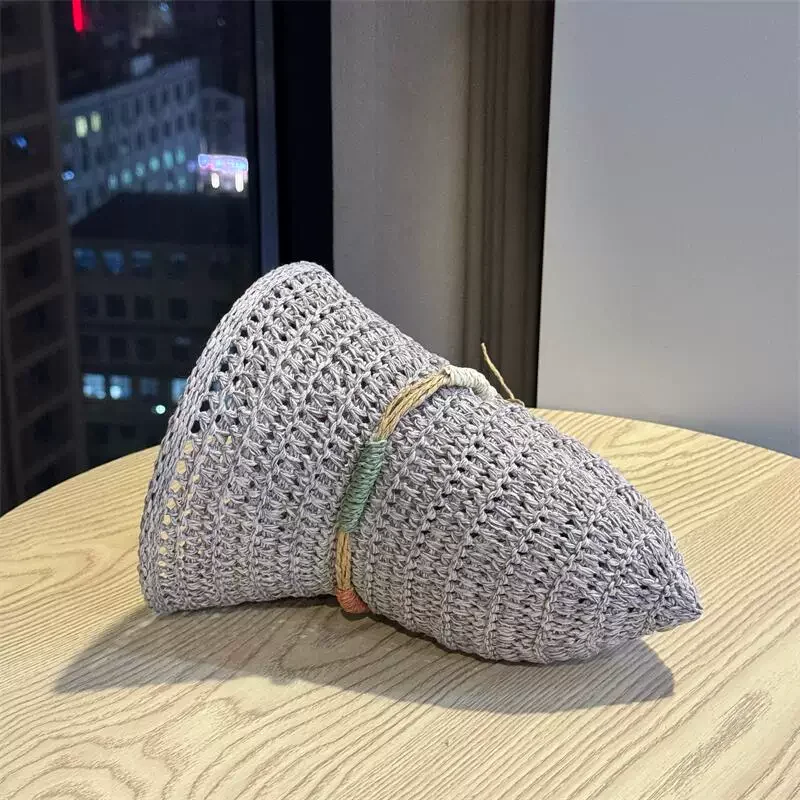 Summer Ethnic Style Bucket Hat for Women Foldable Sun Crochet Hat Beach Travel Vacation Handmade Straw Hat Breathable Panama Cap 6