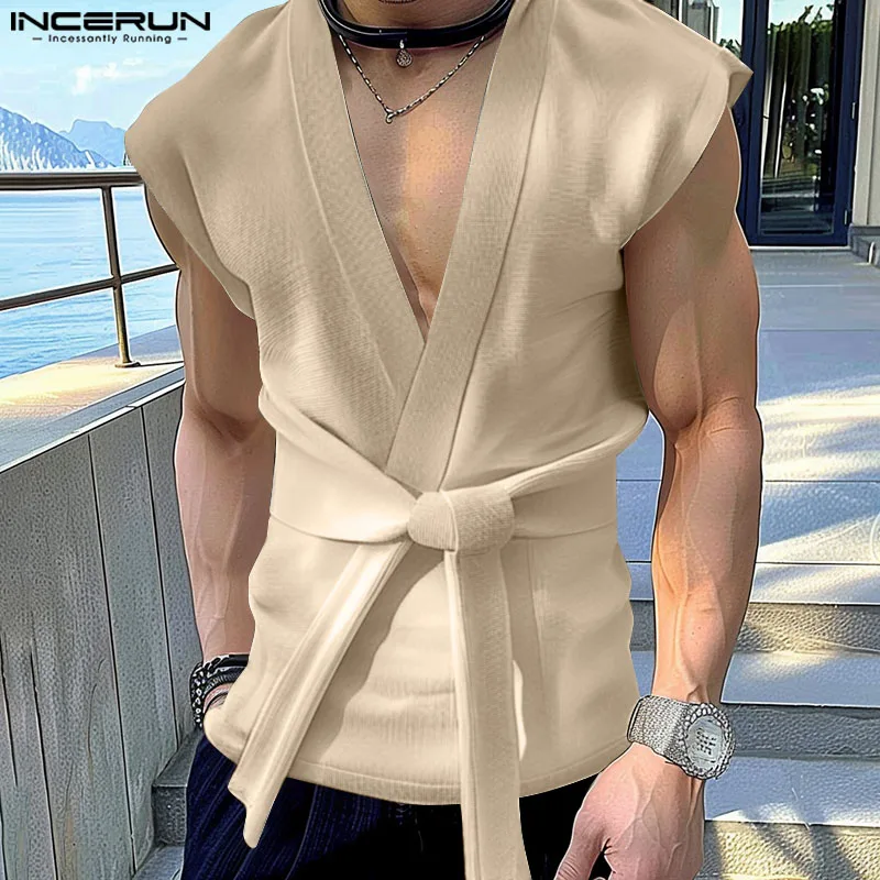 INCERUN Men Tank Tops Solid Color V Neck Sleeveless Lace Up Casual Male Vests Streetwear 2024 Summer Fashion Men Clothing S-5XL