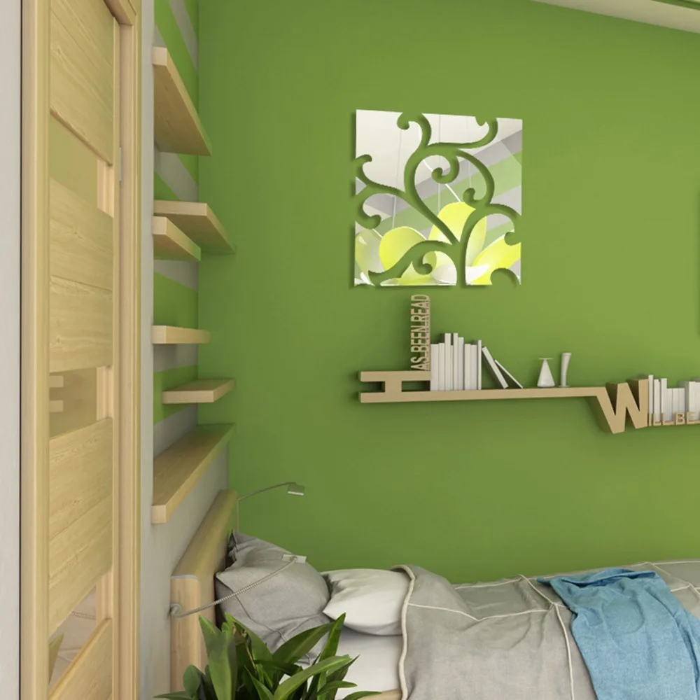 4pcs 20x20cm Mirror Wall Stickers Self Adhesive Removable Acrylic Wall Decals Slivery 3D Effect DIY Wall Art For Living Room