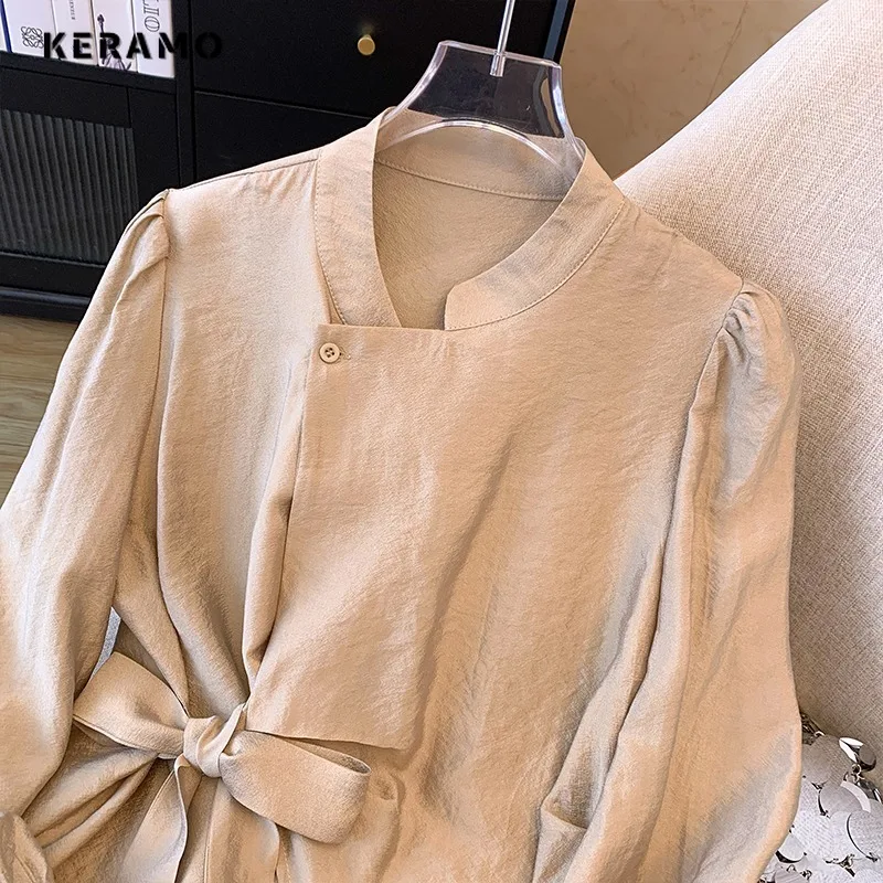 Casual Elegant Long Sleeve Round Neck Solid Color Baggy Shirts 2024 Spring Women Classic Office Lady Vintage Bow Basics Blouse