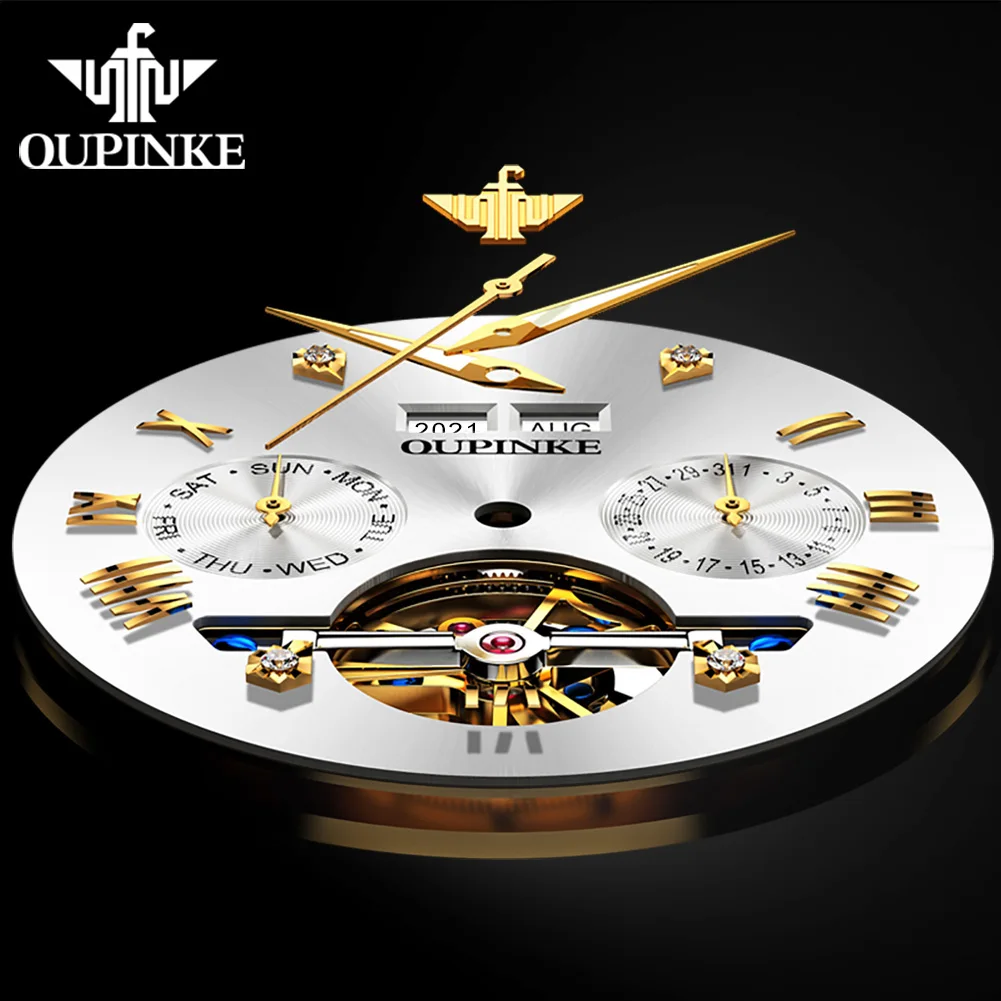 OUPINKE 3186 ساعة رجالية جميع التلقائي الهيكل العظمي دولاب الموازنة ساعة ميكانيكية فاخرة العلامة التجارية التقويم الأعمال التنغستن الصلب ساعة رجالية #4