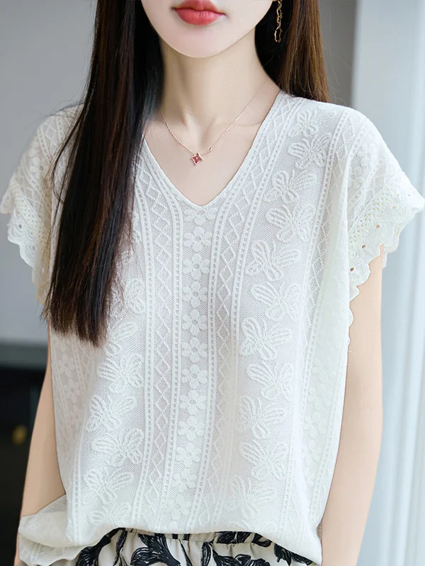 V-Ne 3D Knitted Lace Patchwork ort Sve Women's Summer T-irt Loose Fit Casual Top Silk Lyocell Material Moisture ng