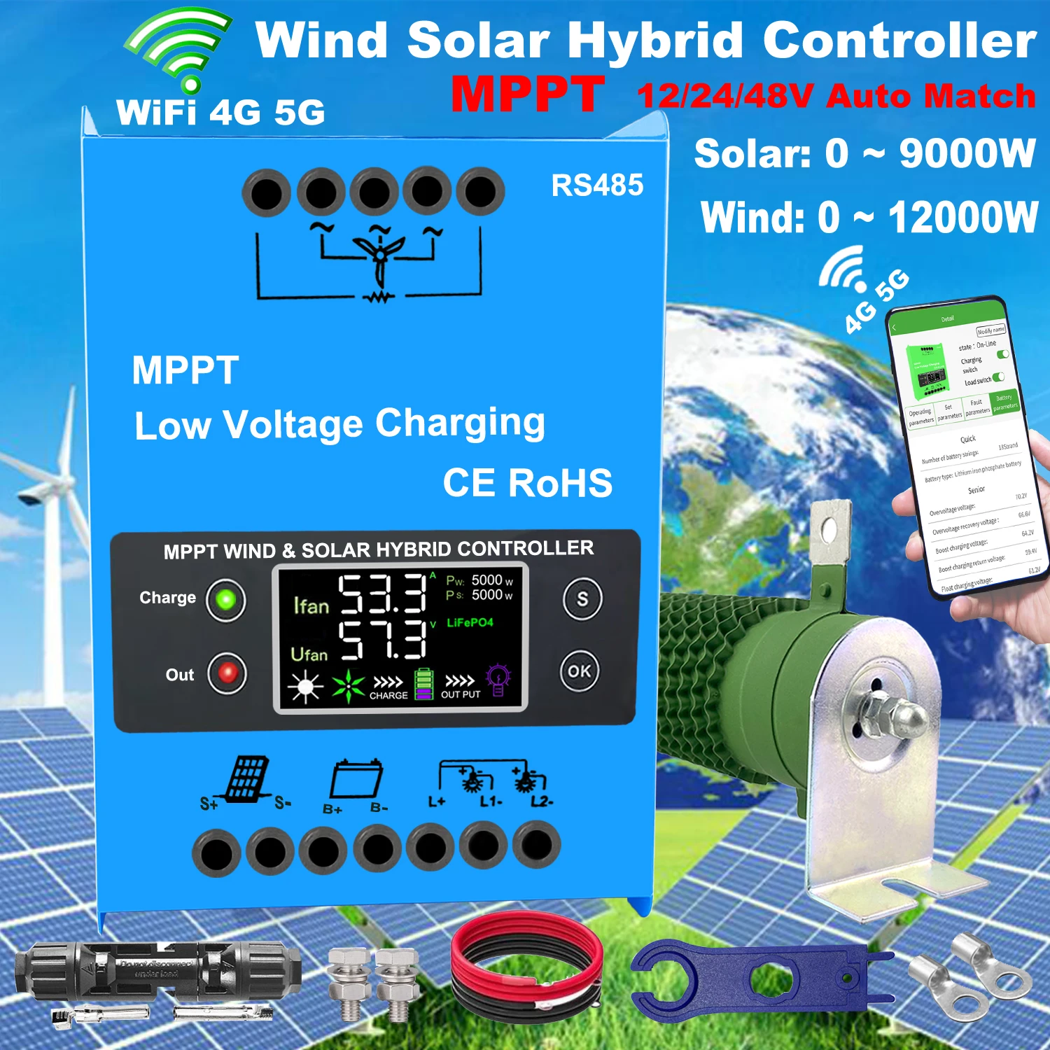 3000W 5000 8000W 12V 24V 48V Hybrid Wind Controller MPPT Board Solar Panel Charger LCD Display For Lifepo4 Lithium All Battery