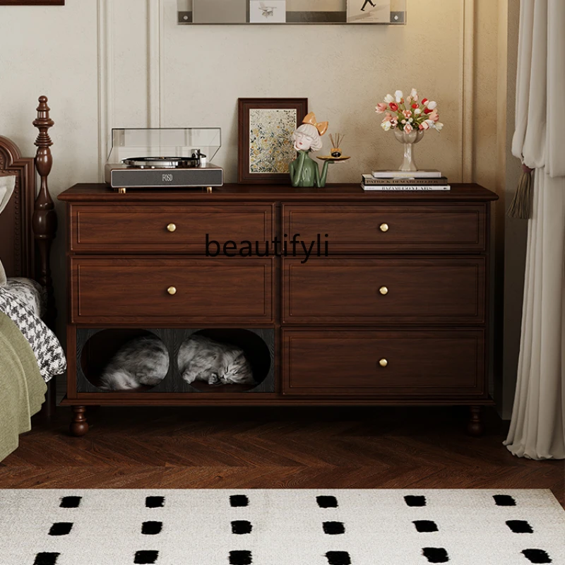 

French Retro Solid Wood Makeup Table Retractable Bedroom Tailstock Cat Nest Integrated Small Apartment Corner Dresser