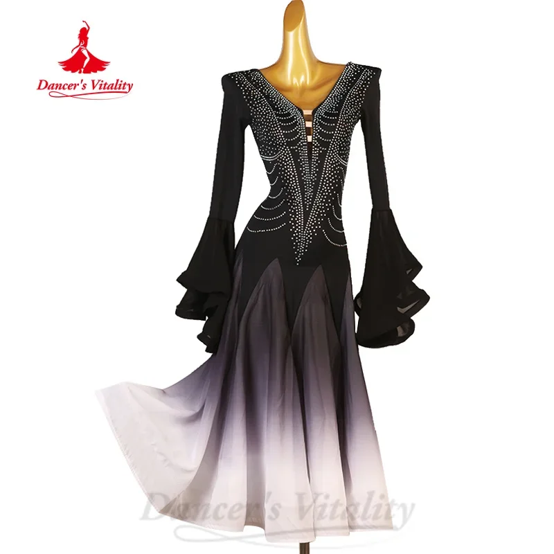 

Ballroom Dancing Clothing Women's Customization Senior AB Stones Long Sleeve Gradient Dress Waltz Dance Hall Performance Dresses