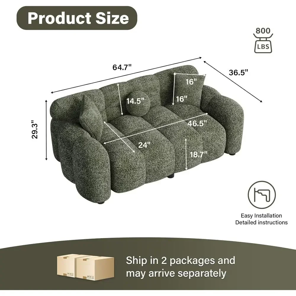 65 Chenille Cloud Sofa, Deep Seat Loveseat, Comfortable Upholstered Couch with 3 Pillows, Oversized Accent Armchair for Living R