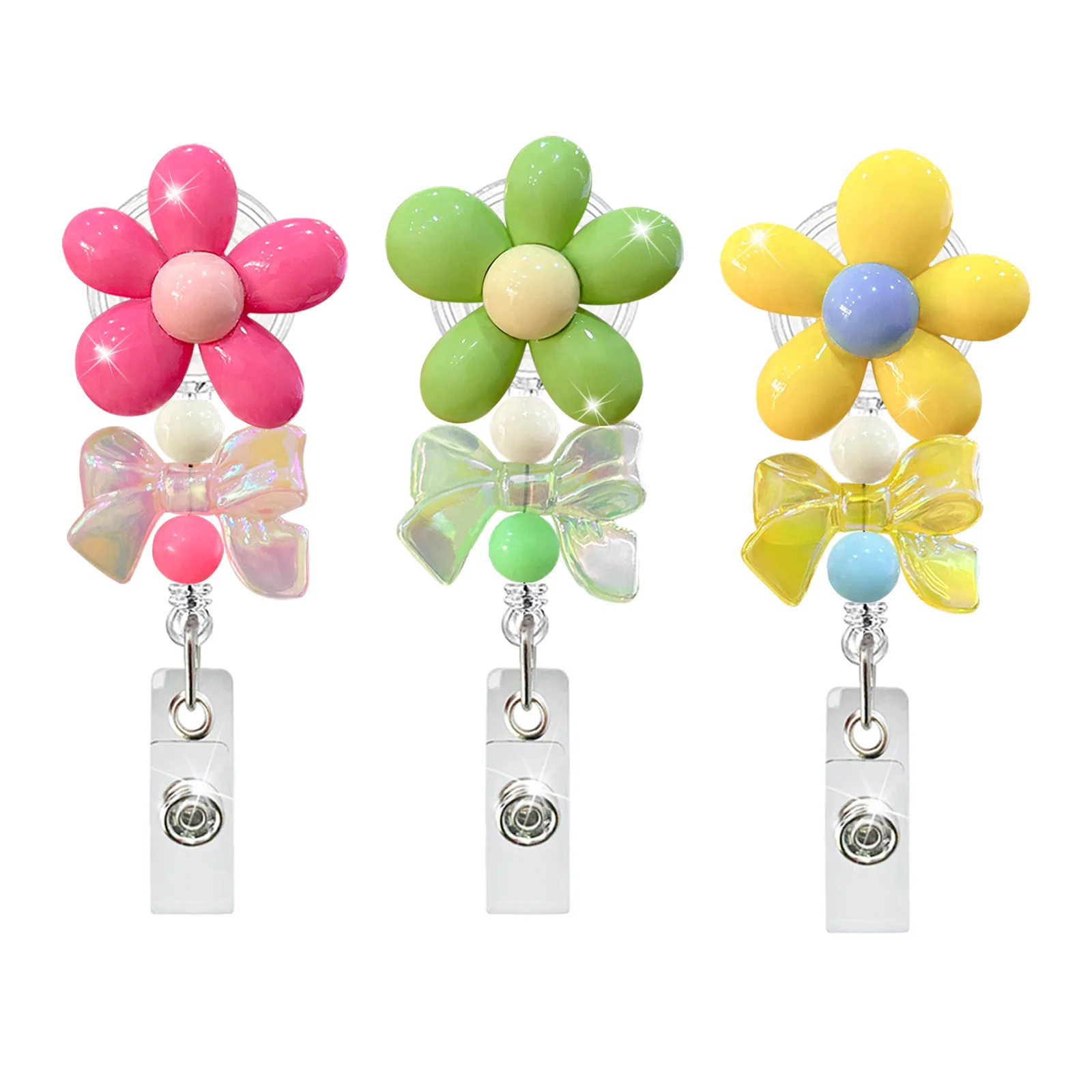 Jesjeliu 1pcs Blume Perlen einziehbare Abzeichen halter Clips für Krankens ch wester ID Abzeichen Rolle mit Gürtel clip Arzt ID-Karte Ketten clips