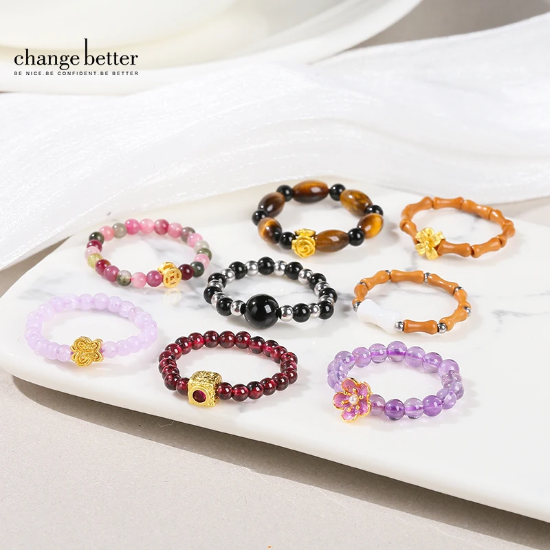 Bohe Natural Stone Crystal Bead Rings Tourmaline Garnet Seed Beads Stretch Ring Reiki Healing for Girls Casual Daily Party Gift