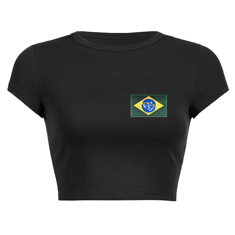 

Y2K Flag Embroidered Crop Tops-women's Fashion Street Short-sleeved Tops Casual Summer Black T-shirts Retro Style In The 1990s