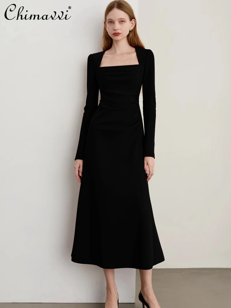 

2025 Autumn French Style Black Evening Dresses Square Neck Long Sleeve High Waist Slim A-line Birthday Party Long Dress Women