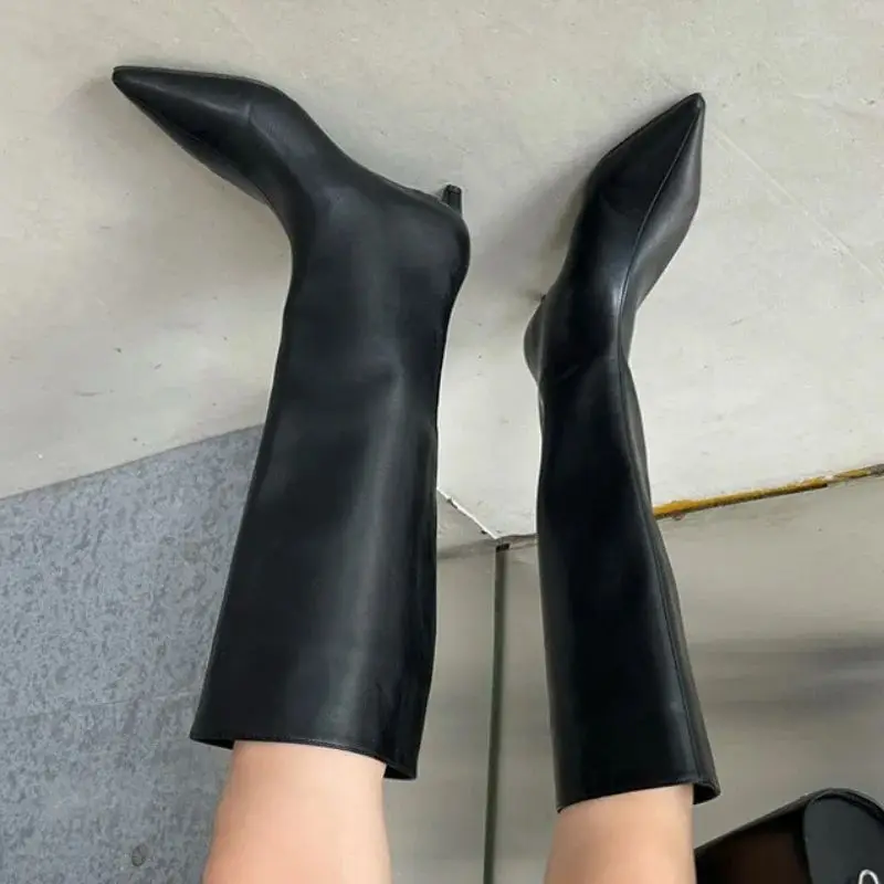 Women Chelsea High Boots Pointed Toe Heels Shoes Winter Snow Woman 2026 Trend Soft Leather Goth Luxury Party Slip-on Botas Mujer