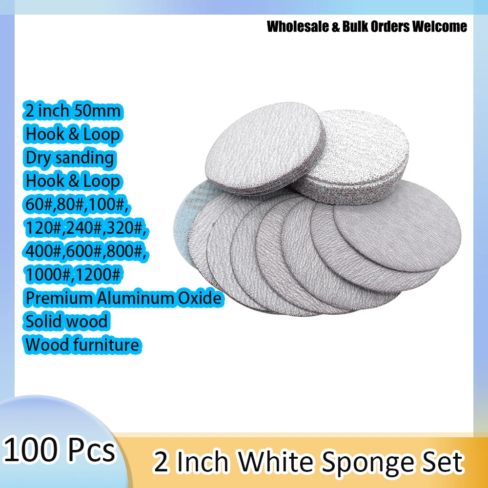 100Pcs 2 Inch 50mm White Dry Sanding Discs Hook & Loop Aluminum Oxide Round Sandpaper Discs 60#-1200# for Wood Furniture Metal