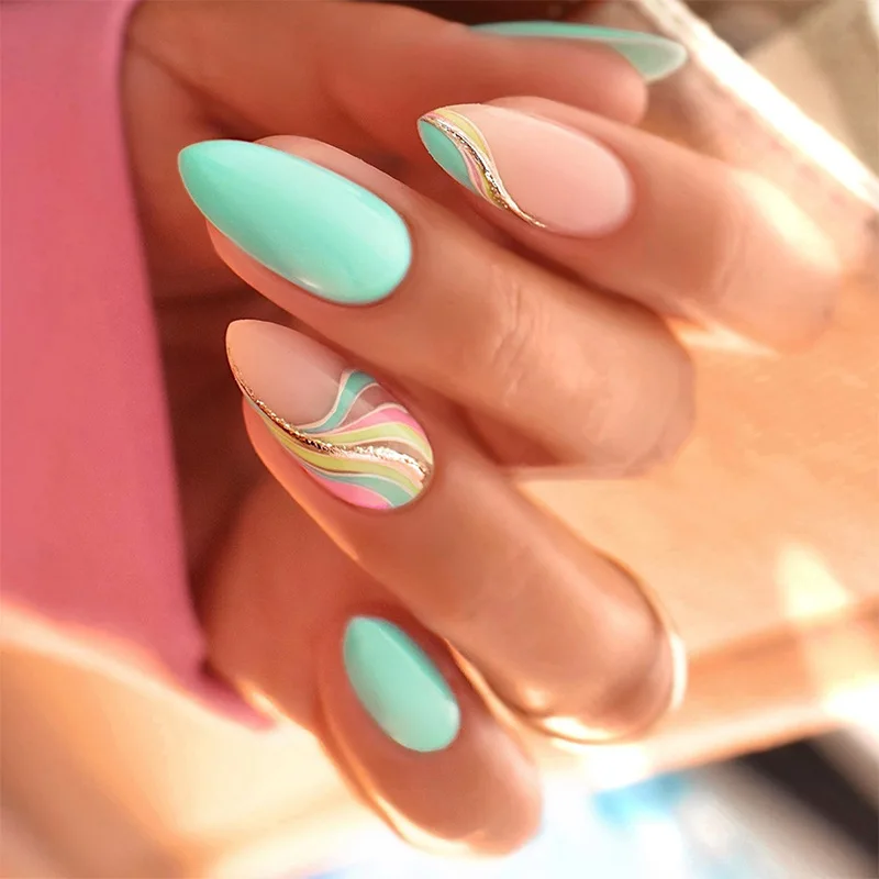

24Pcs Mid-length Almond False Nails Green Simple Lines Press on Nails Tips with Jelly Glue Round Datachable Full Cover Fake Nail