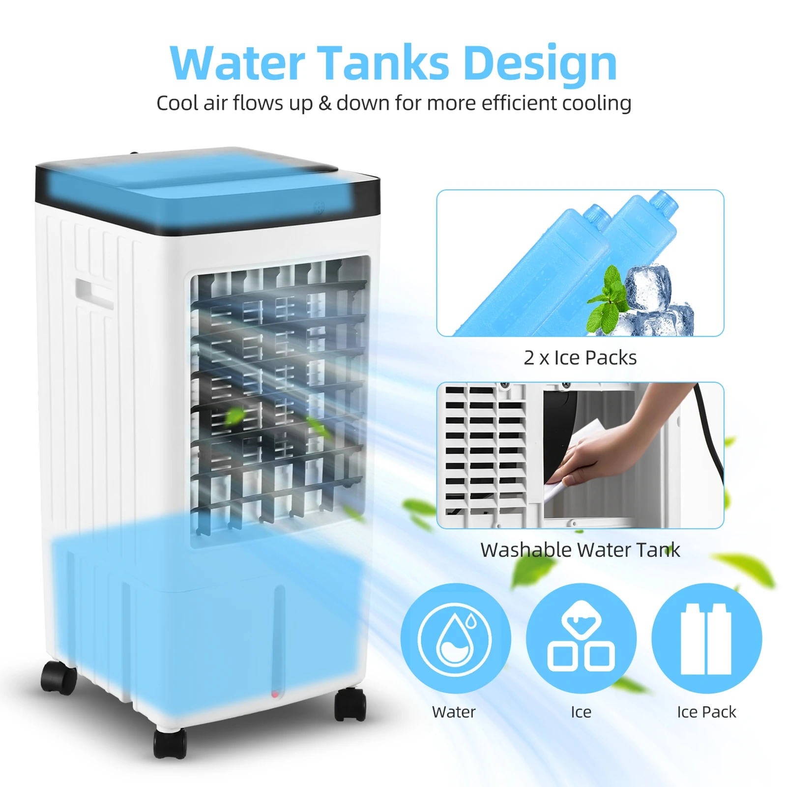 Enfriador de aire evaporativo 100 ° Enfriador de palabras oscilante con control remoto / 2 cajas de hielo / Tanque de agua de 2,11 galones Temporizador 1-7H 3 vientos