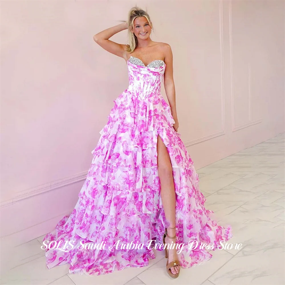 SOLIS Pink Prom Dress Strapless Celebrity Dress Layered Women's Evening Dresses Beading On Chest Formal Gown Split Customized