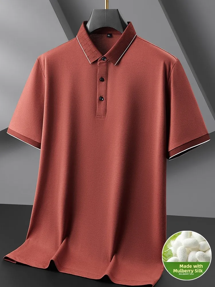 

Мужская летняя футболка из шелка больших размеров, повседневная, с отложным воротником, класса люкс, легкая, от Other Brand