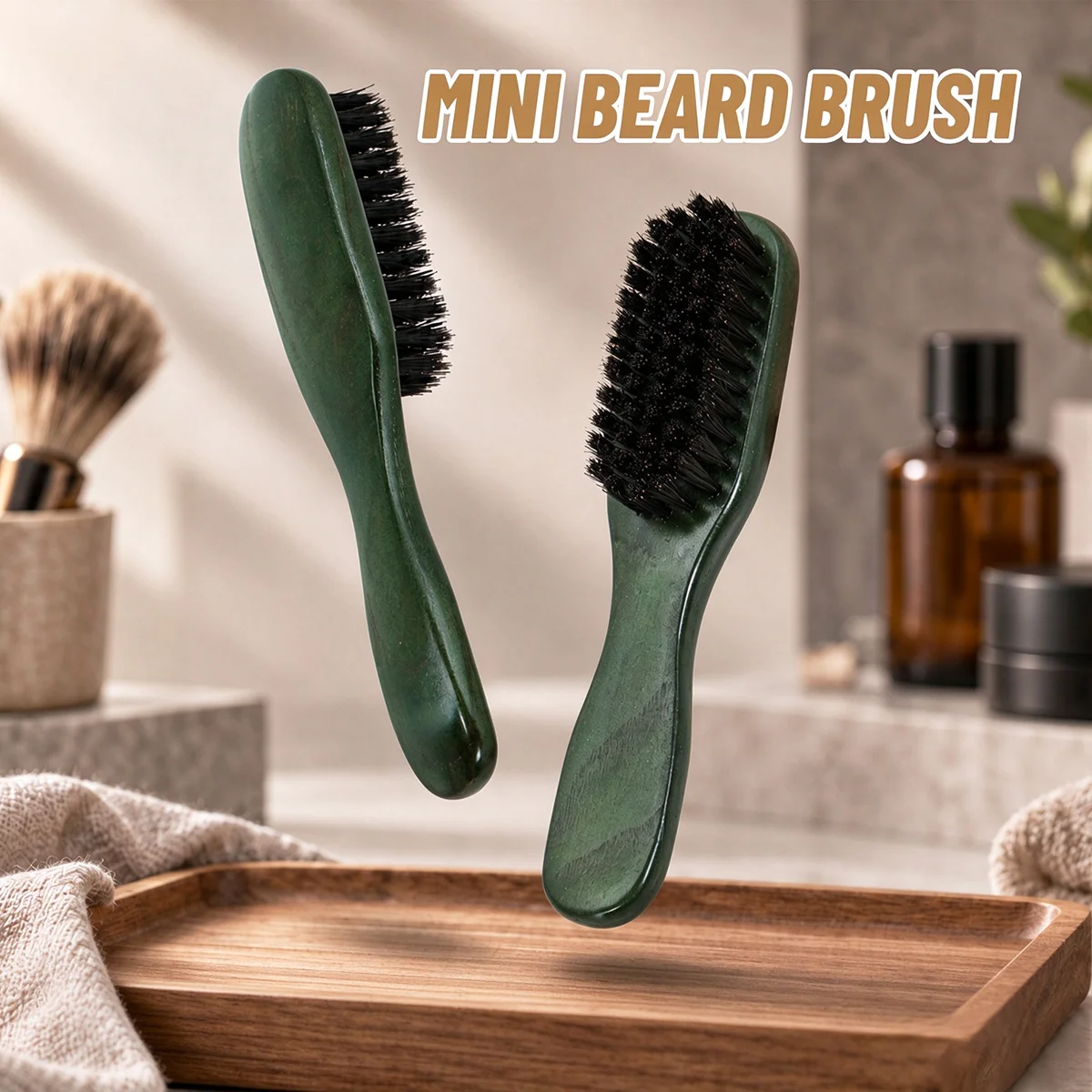Mini Solid Wood Beard Brush Green Wooden Handle with Boar Bristles Portable Grooming Tool for Beard Cleaning Sideburns