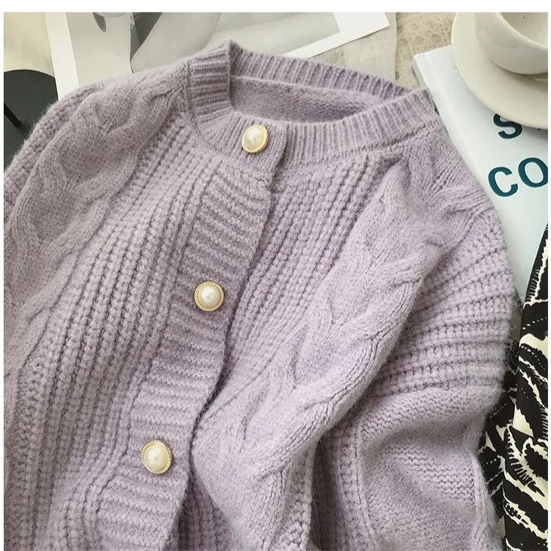 Women Korean Fashion Vintage Chic Beaded Button Thick Knitted Cardigan Autumn Winter Twist Simple Sweet Long Sleeve Sweater Coat