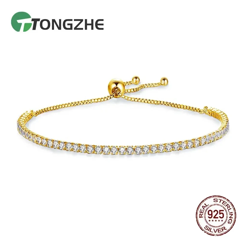 

TONGZHE Original Tennis Bracelets For Women 925 Sterling Silver White Blue Pink Stone Rose Gold Jewelry Box Chain Charm Bracelet
