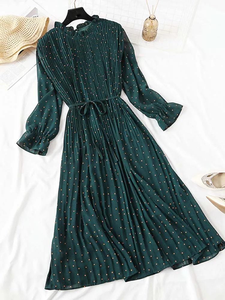2023 Summer Women Ruffled Long-Sleeved Chiffon Dress High Waist Floral Broken Flower Beach Midi Dresses Pleated Vestidos