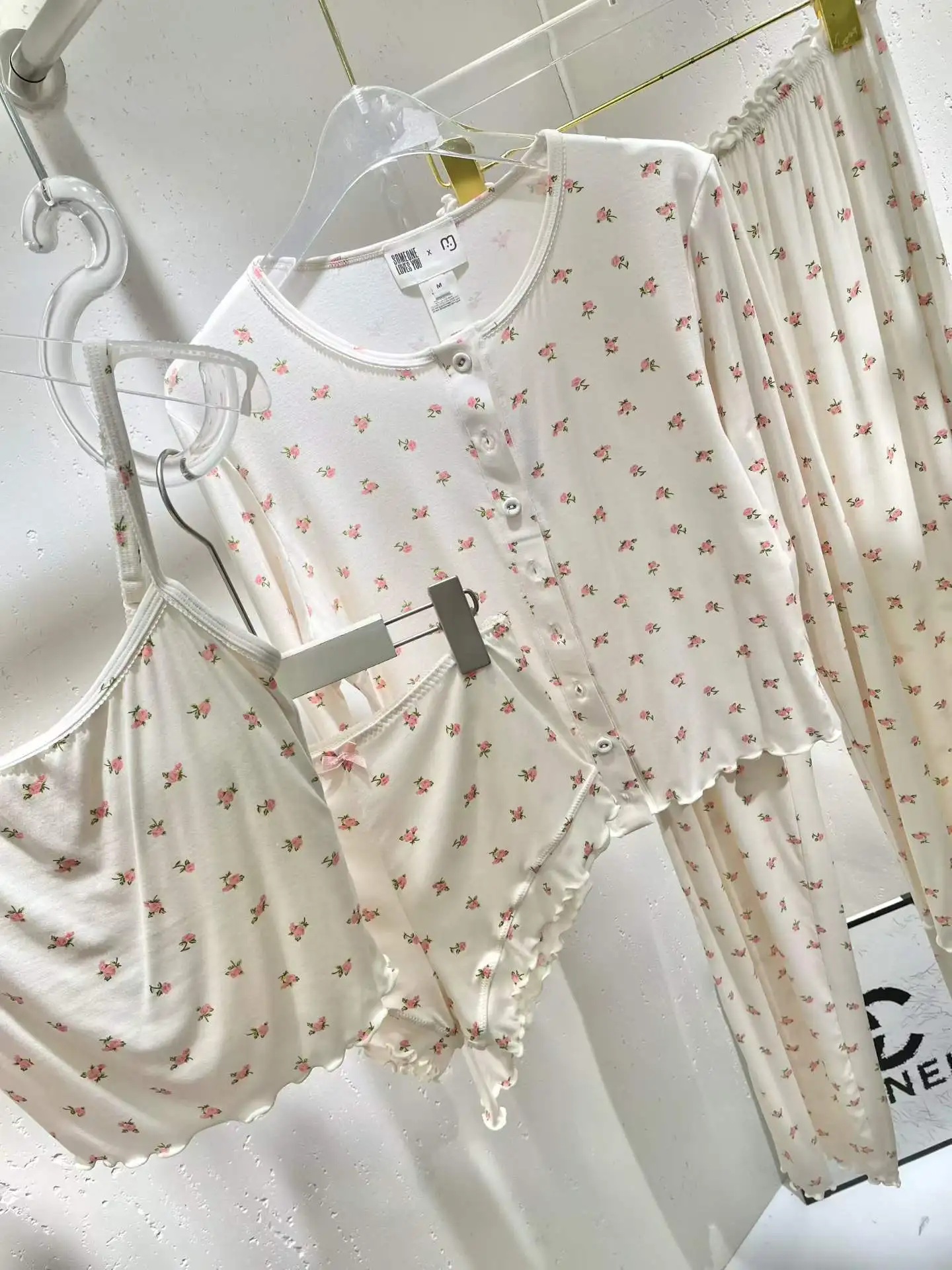 Women's 4-Piece Cream Floral Pajama Set - Cami Shorts Top & Pants Mix & Match Pajama Set with Ruffle Trim Loungewear Set PJS Set