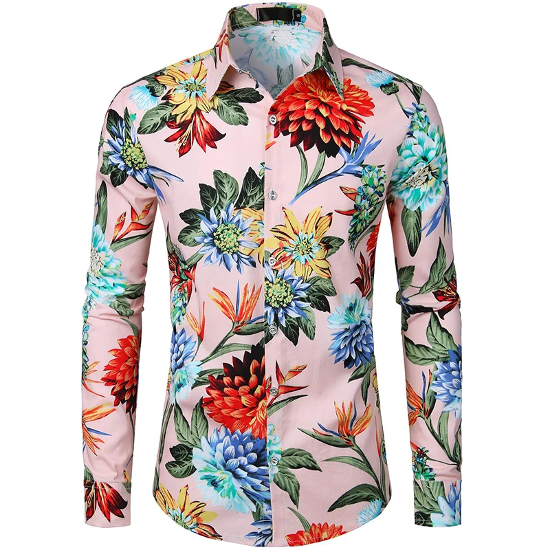 Men\'s Hipster Retro Rose Floral Graphic Shirts Full Printed Casual Slim Fit Long Sleeve Streth Shirt For Men Button Up Blouse