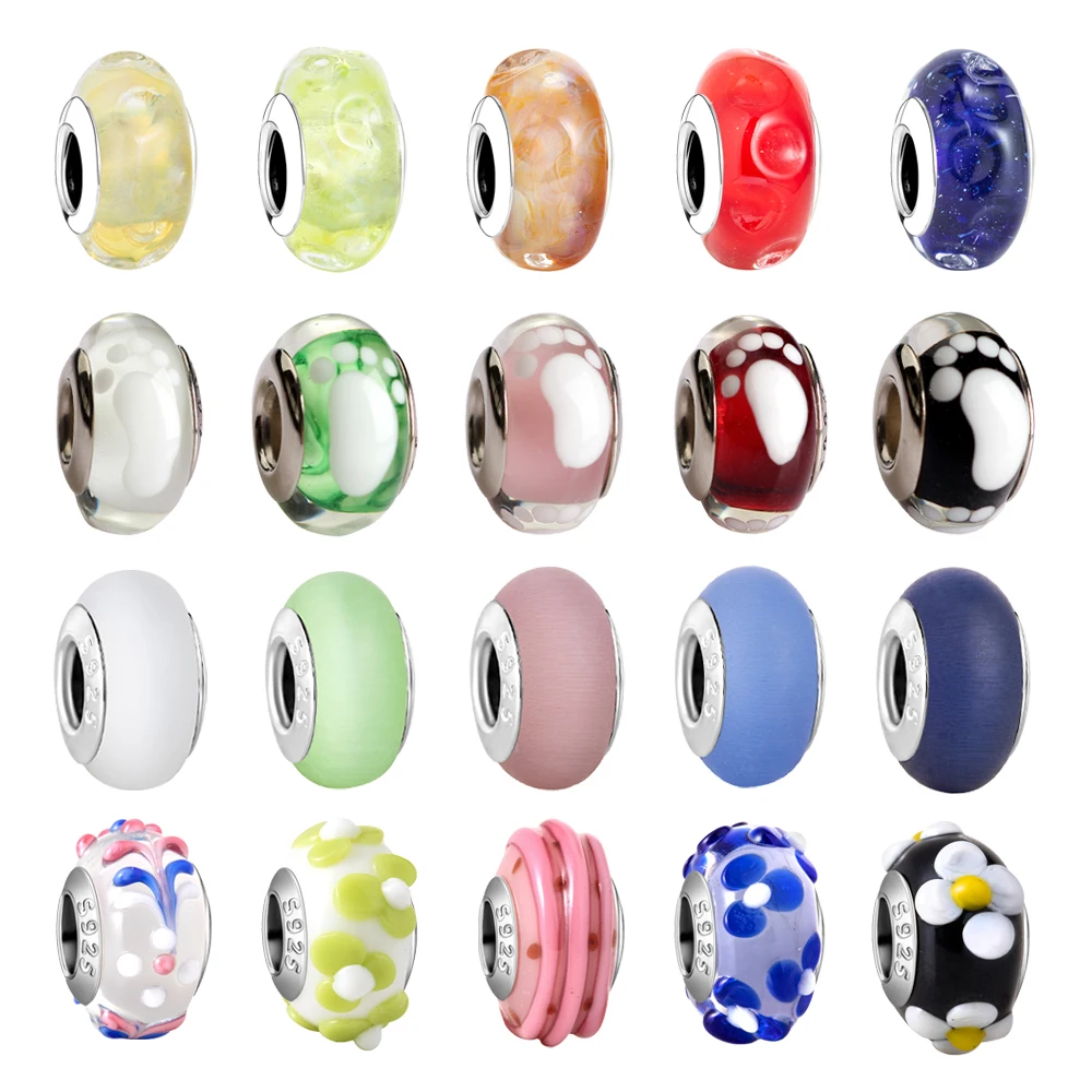 High-Quality 925 Sterling Silver Multicolor Floral Footprint Donut-Shaped 3D Glass Bead Fit DIY Bracelet Necklace Gift Pairing