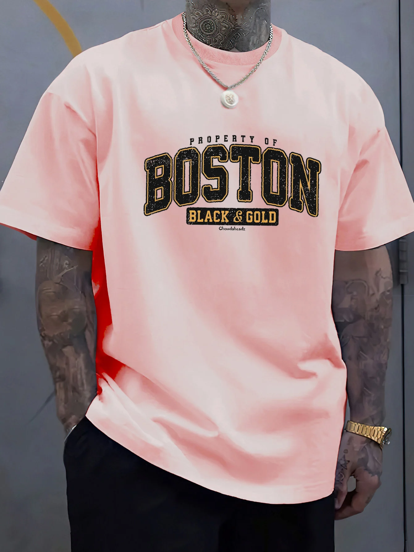 Men's summer 100 cotton fashionable casual loose plus size BOSTON pattern printed sports round neck short sleeved T-shirt top image 4