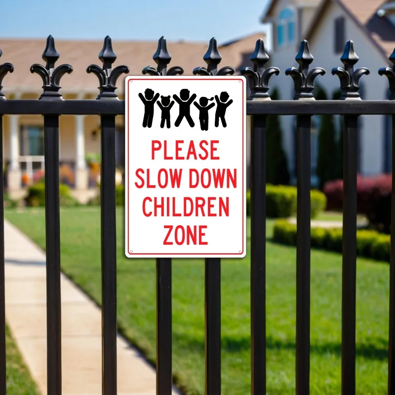 Please Slow Down Children Zone Sign - Metal Plaque School Playground Safety Wall Decor 20*30cm