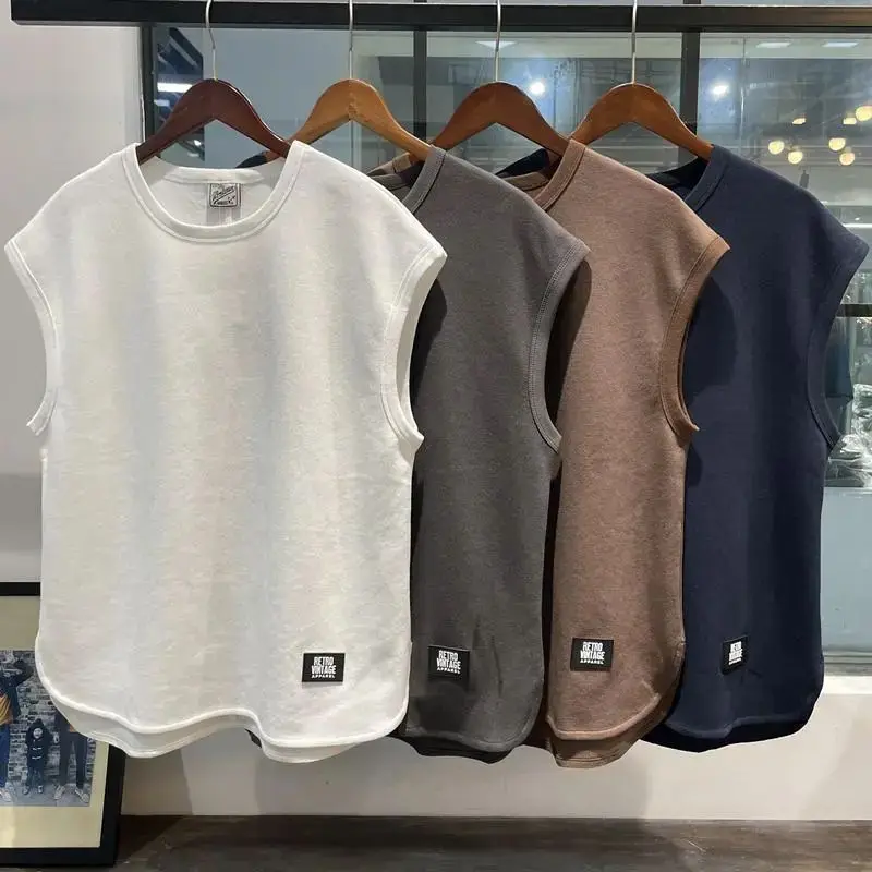 

Juspinice American Retro Waffle Solid Color Sports Vest for Men's Summer O-neck Loose Oversize Style Sleeveless T-shirt Tees