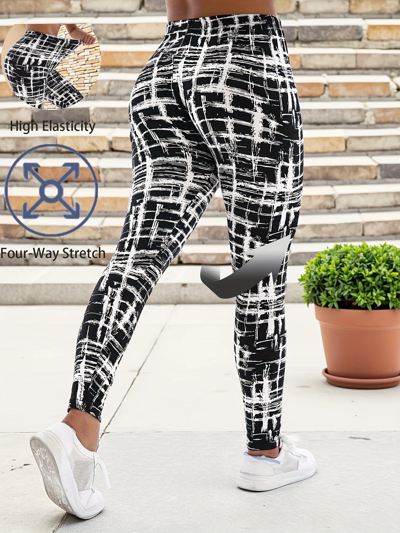 Women Mid‑Rise Fleece Lined Leggings Black White Distressed Plaid Print Slim Stretchy Yoga Workout Casual Pants
