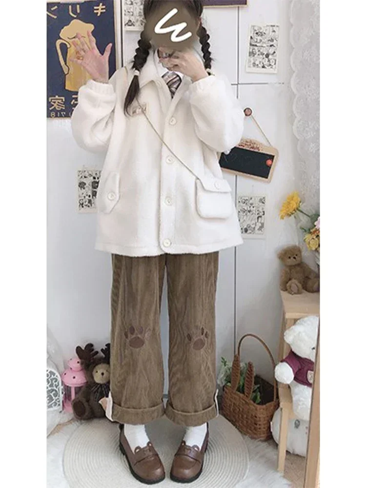 QWEEK Harajuku Kawaii Beige Corduroy Pants Cute Japanese Style Lolita Brown Wide Leg Trousers Embroidery Girly Sweet Pantalon