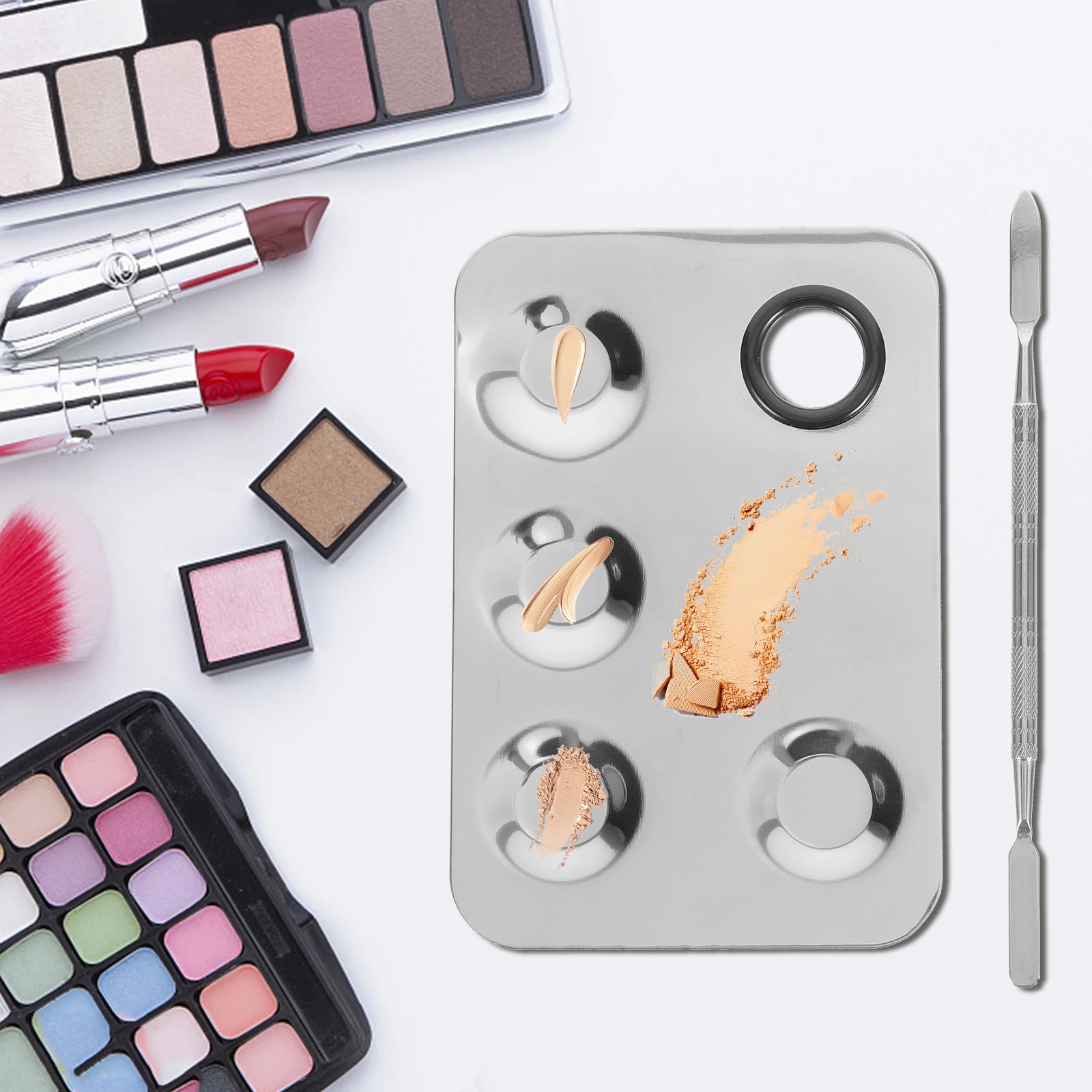 

Stainless Steel Makeup Blending Plate With Spatula Foundation Mixing Tray Mixing Tool 2Pcs