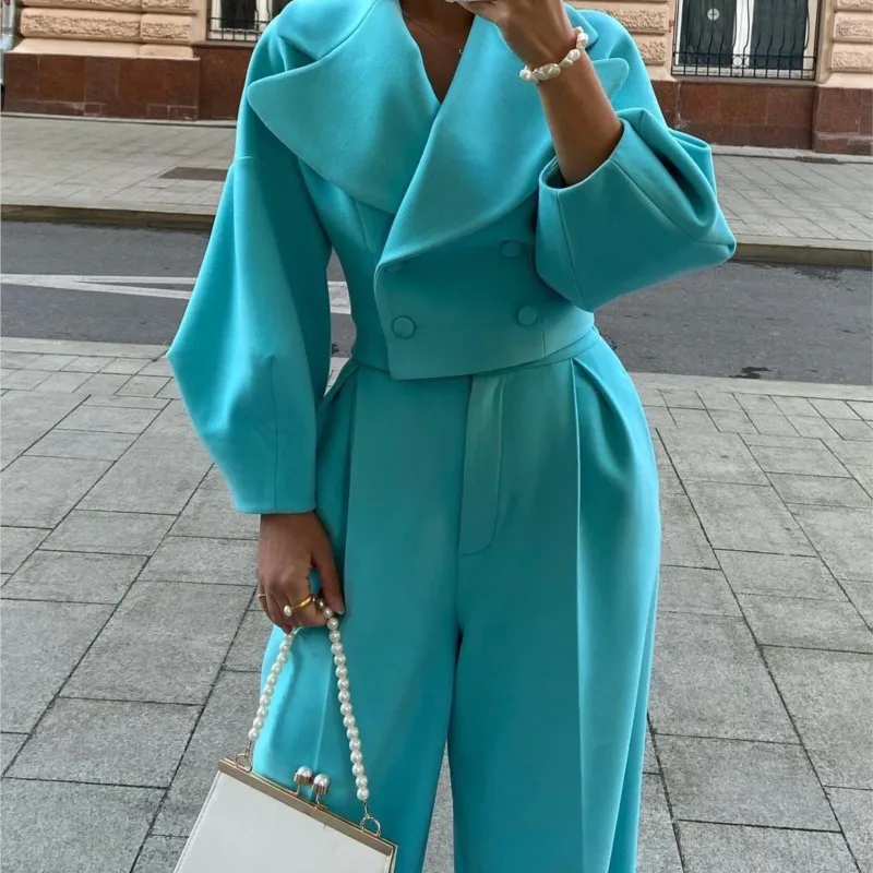 

Women blazer Pant Sets Two Piece Solid Double Button Turn Down Collar Coats High Waist Pants Splice Office Lady Regular