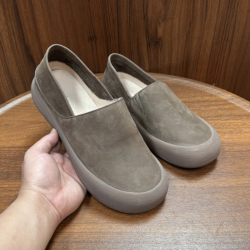 

Leather Slip-On Loers Casual Breathable Men's oes Vintage Soft Bot Flat Heel round Toe Rubber Outsole Faionable Plai...